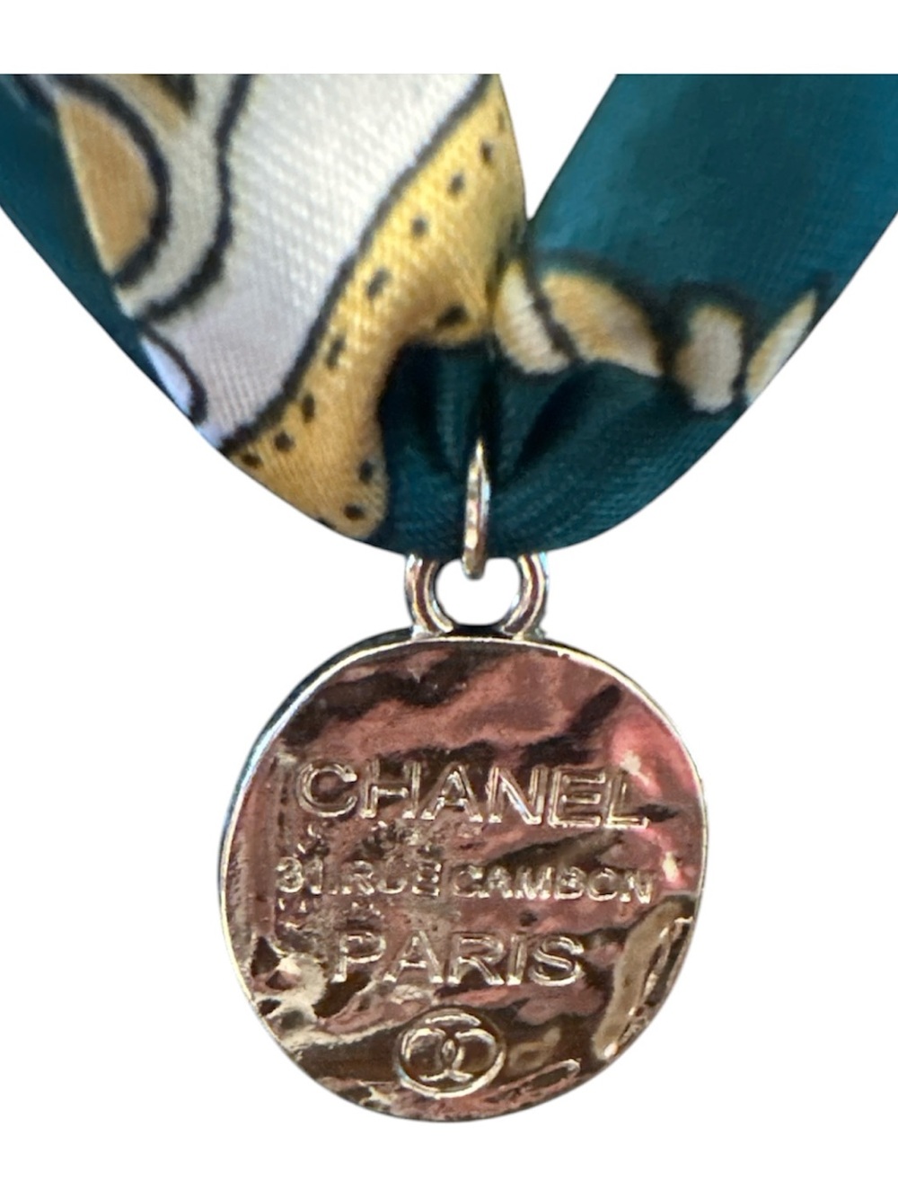 Teal & Gray Silk Scarf Necklace with Authentic Silver Charm